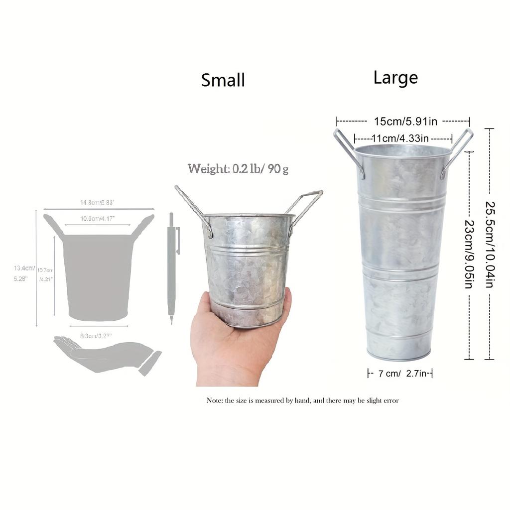 Four-piece Galvanized Metal Barrel Vase, 9inch Farmhouse French Flower Bucket Planter with Handle, Rustic Decor Metal Holder Family Marriage