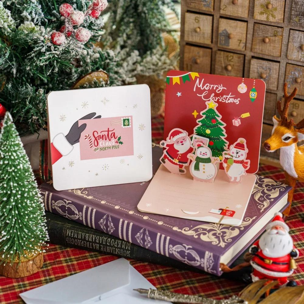 Merry Christmas Fold Small Greeting Cards with Envelopes Xmas Postcard Navidad New Year 2025 DIY Gift Card Decoration Noel