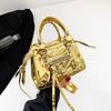 Shining Small Square Bag Motorcycle-style Single-shoulder Crossbody Bag with A Flap Pocket and A Red Lining