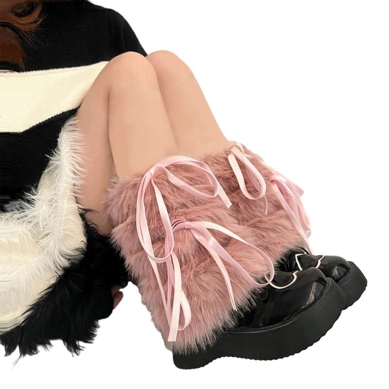 Women Gothic Punk Harajuku Plush Leg Warmers Japanese JK Sweet Ribbon Bowknot Warm Furry Boots Cover Leg Sleeve Socks