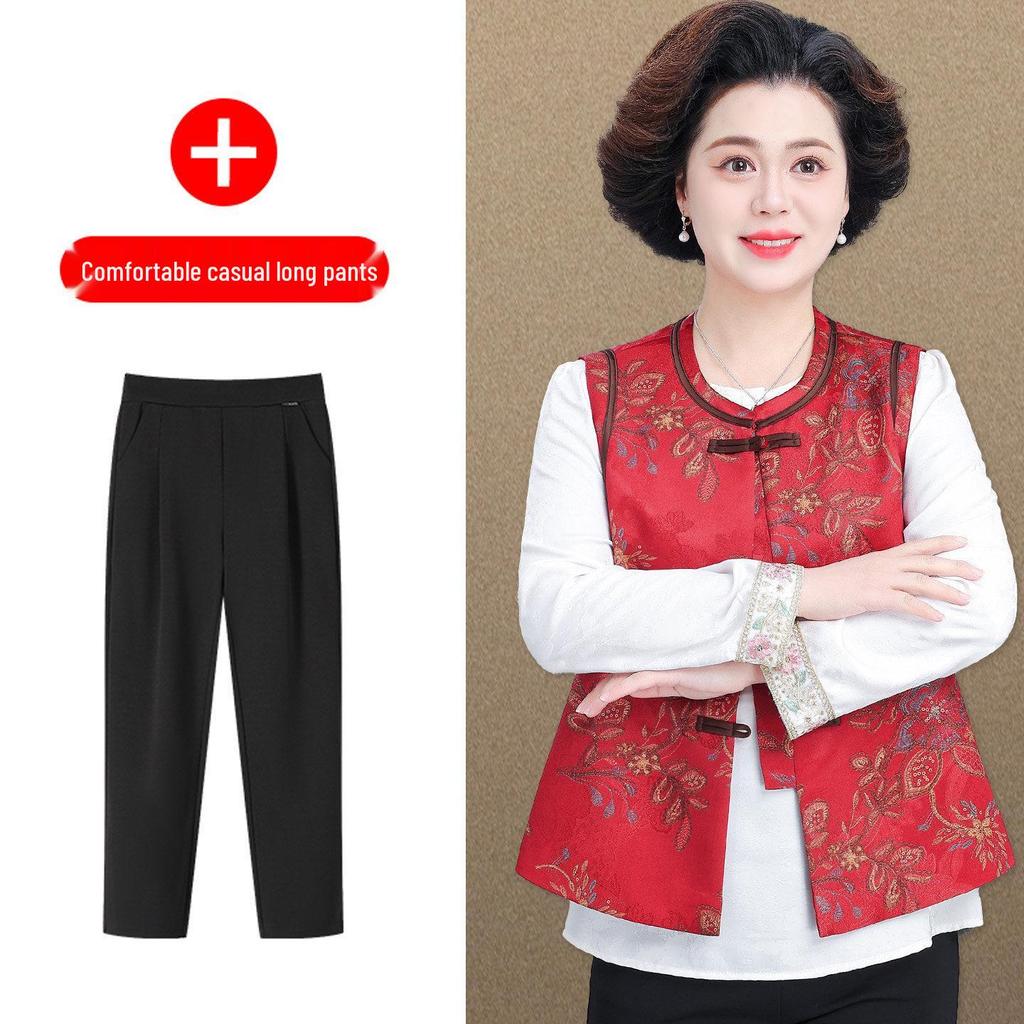 Vintage Jacquard Vest for Middle-Aged & Elderly Women - Spring/Autumn Chinese Style