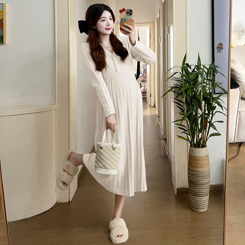 2026 Spring Korean Style Pleated Maternity Skirt Dress L