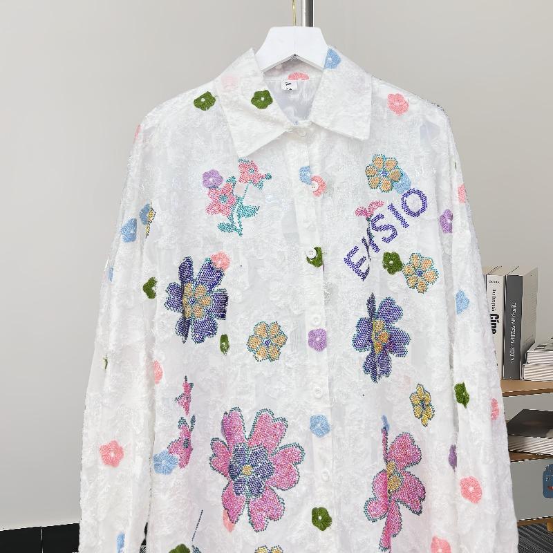 Fashion Flowers Casual Loose Shirts for Women Spring and Autumn New Long Sleeve Women's Blouses Tops Elegant Single Breasted Simple Ladies Shirt 25835