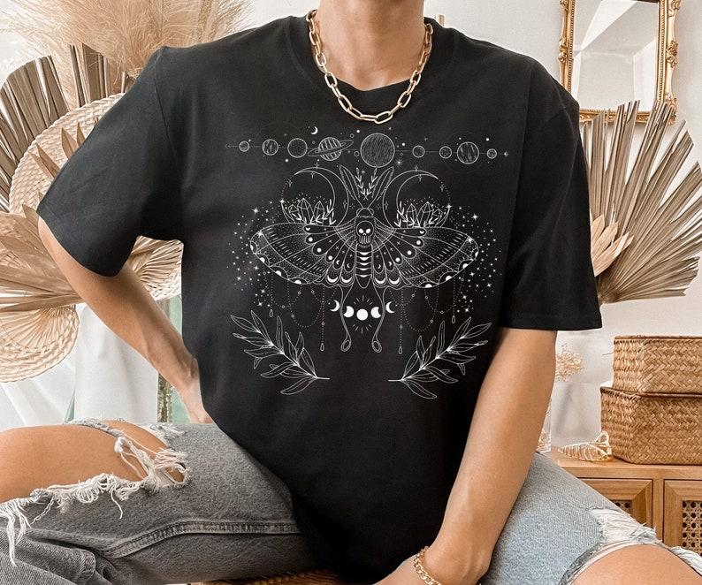 Cute Vintage Look Cottagecore Tshirt Mystical Retro Moon Phase Moth Tshirt Gift For Fairycore Fans Celestial Forestcore Top