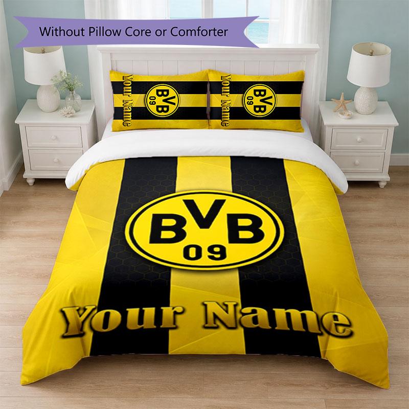 Borussia Dortmund Custom Name Text Bedding Set 1 Duvet Cover+2 Pillowcases Soccer Logo Personalized Gift For Special Occasion Bedroom Decor