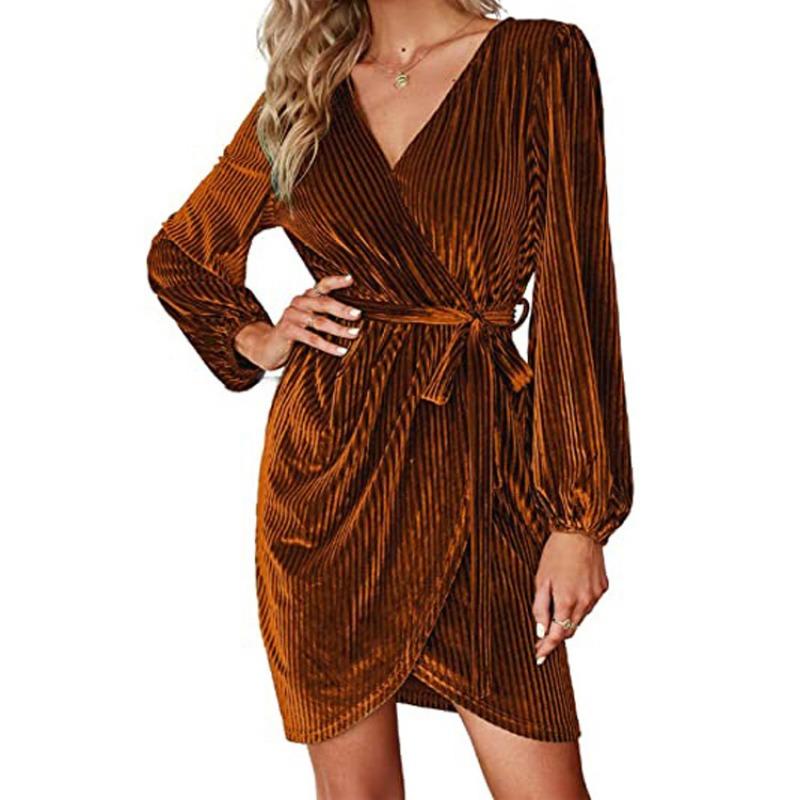 

Осенне-зимнее новое женское однотонное платье со шнуровкой на талии, плиссированное и со шнурком S янтарь