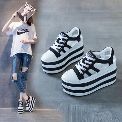 Women's Shoes 2025 Summer Muffin Thick-soled Hollow-out Breathable Inner Height-increasing Small White Shoes Women's Super High Heel 12CM Thin Casual