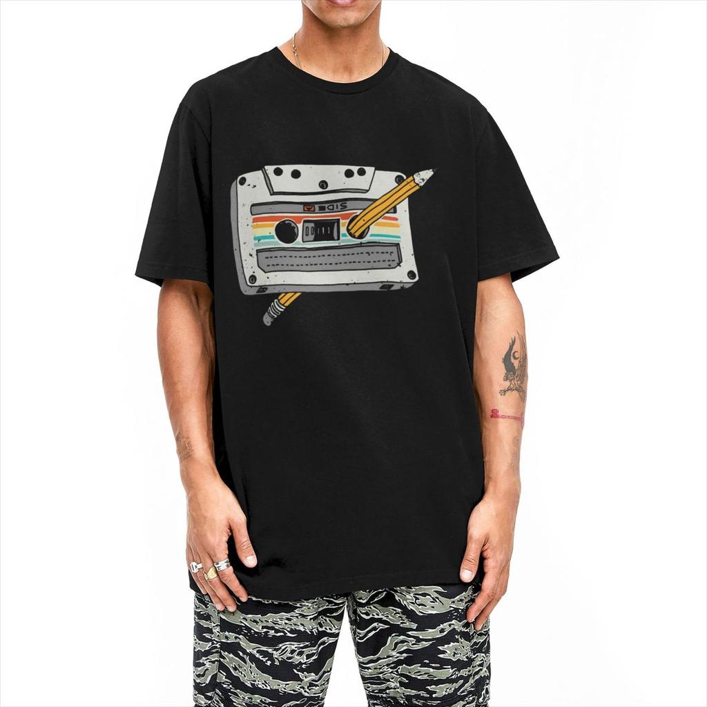 Cinta de Cassette de los 80 Lápiz Retro de los 80 Camiseta para Hombre Algodón Puro Camiseta Vintage Cuello Redondo Camisetas Manga Corta Ropa Talla Grande