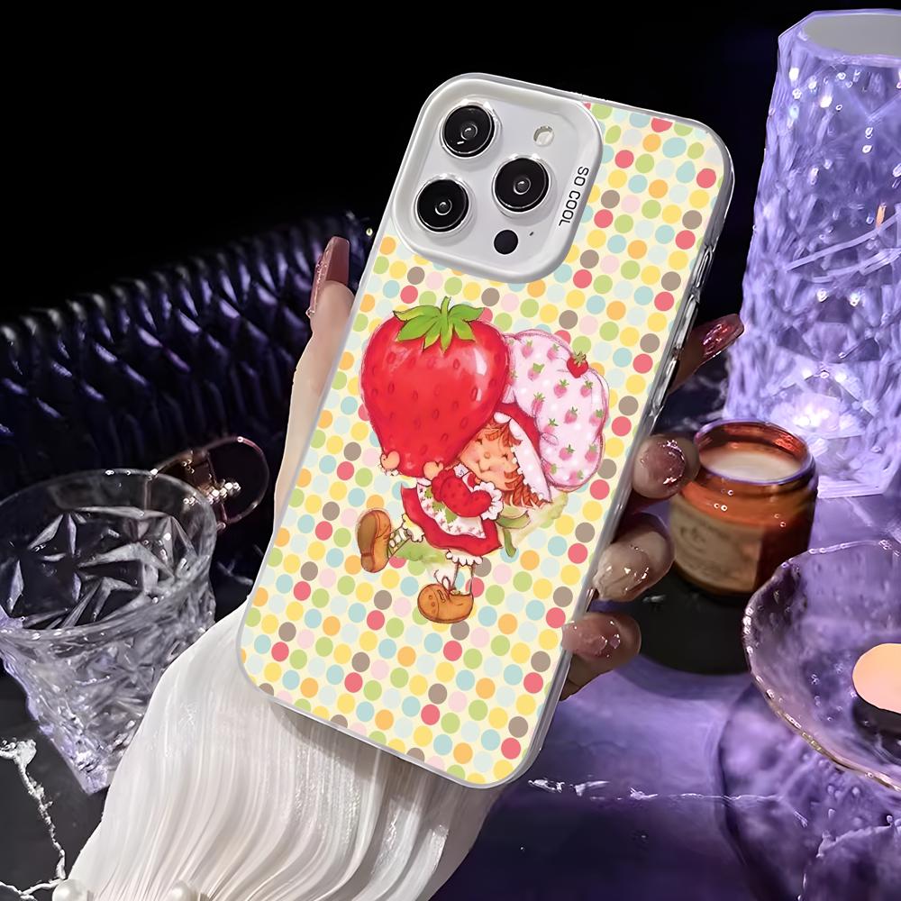 Pink Strawberry Cartoon S-Shortcake Phone Case For iPhone 16 15 14 13 12 11 Pro Max White Matte Laser Metallic Aurora Funda