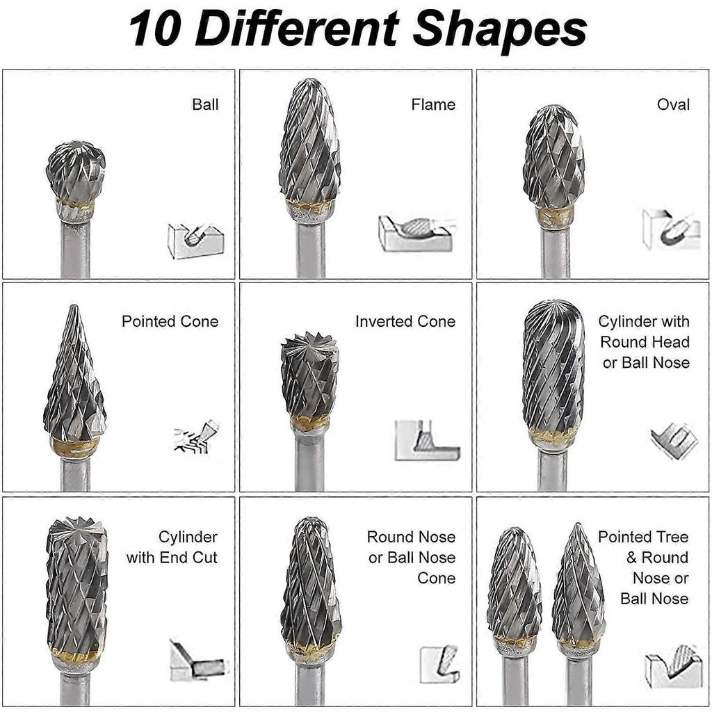Double Edge Tungsten Carbide Steel Rotary Burr Set for Rotary Tool, 10 Pieces 1/8 Shank for DIY, Wood Carving, Metal Polishing, Engraving, Drilling