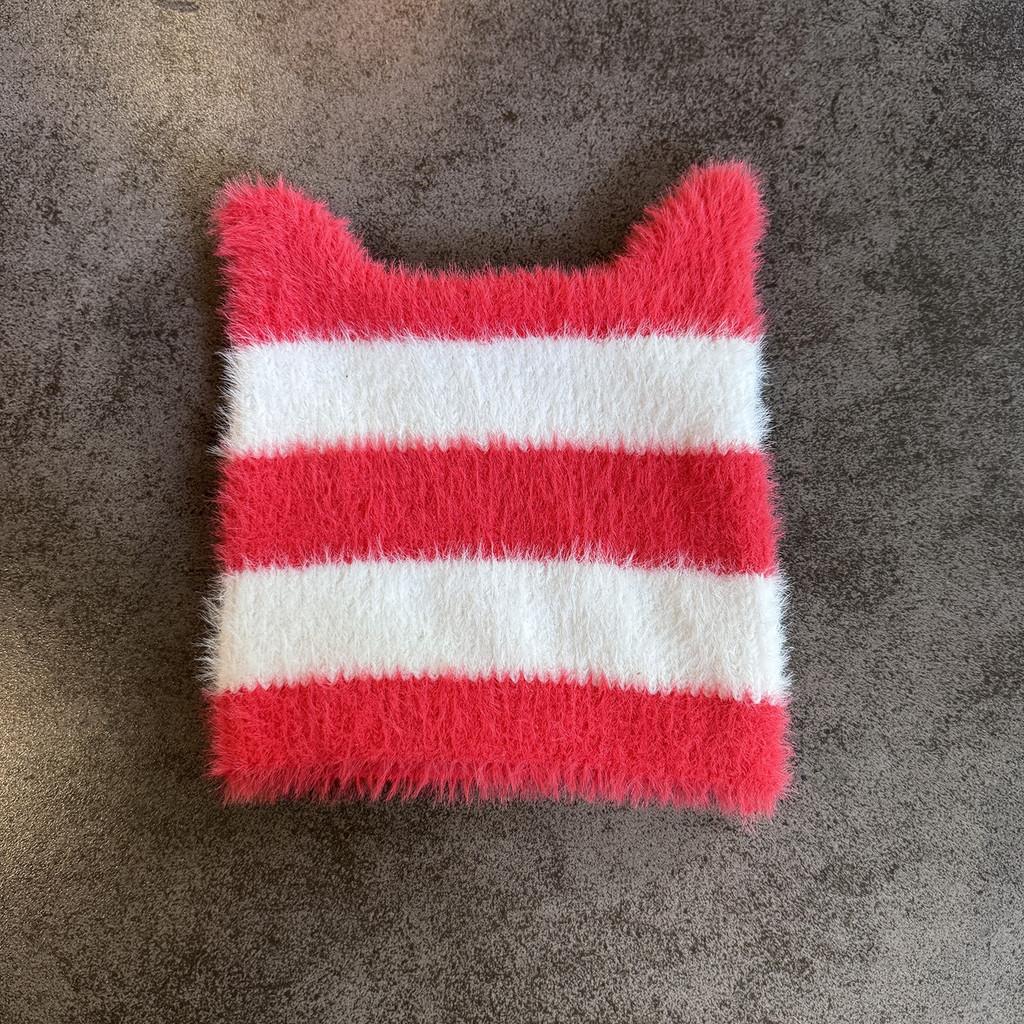 Ears Design Cats Knit Cap With Stripe Style For Daily Cold Weather Use Outdoor
