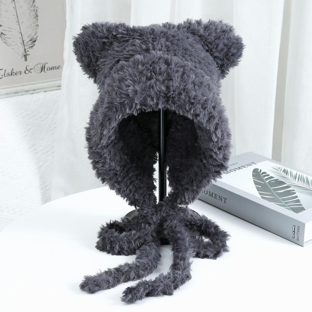 Die neue Katzenohren-Doppelschwanz-Plüsch-Strickmütze für Herbst und Winter ist niedlich, modisch, warm, ohrenschützend und gesichtsbetonend. Kleine Wollmütze