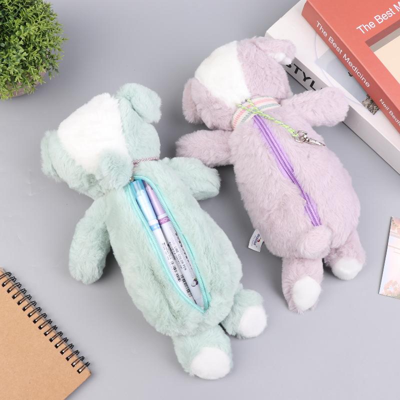 Niedlicher Tier-Stifthalter mit Reißverschluss 3D Hunde-Design Plüsch Teddy-Hund Mäppchen Schreibwarentasche für Schulanfang Geschenke für Kinder