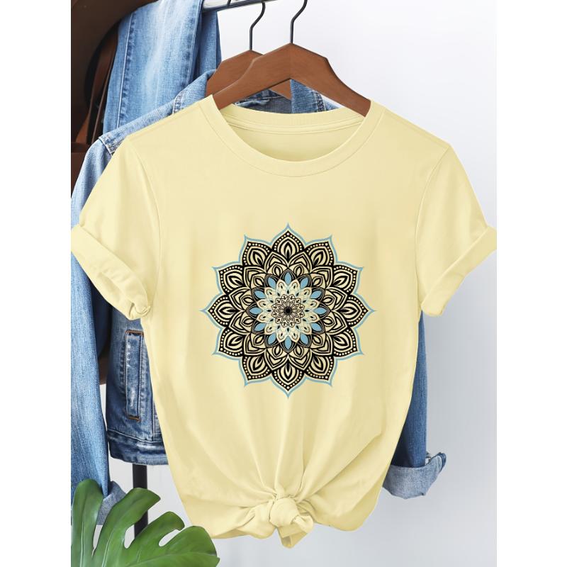AWomen's Floral Mandala Print Short Sleeve T-Shirt Casual Round Neck Top with Teal Black Artwork Urban Style Printed T-Shirt
