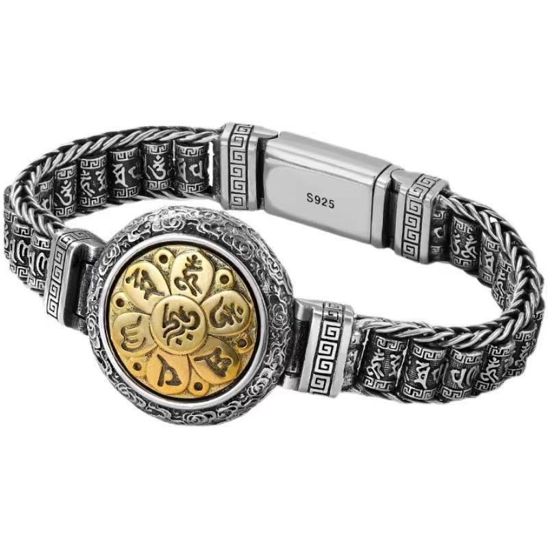 Silver Color Vintage Six Character True Tale Wheel Transfer Bracelet Sterling Silver Men's Versatile Fashion
