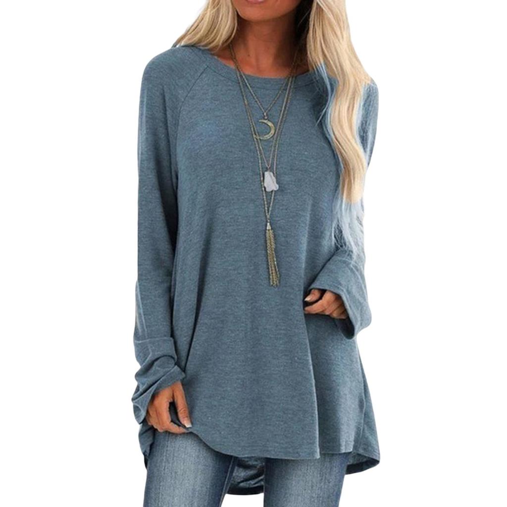 Yousheng Women Tops Round Neck Long Sleeve Loose Fit Solid Color Tunic Top Casual Shirt with Hip Coverage Length