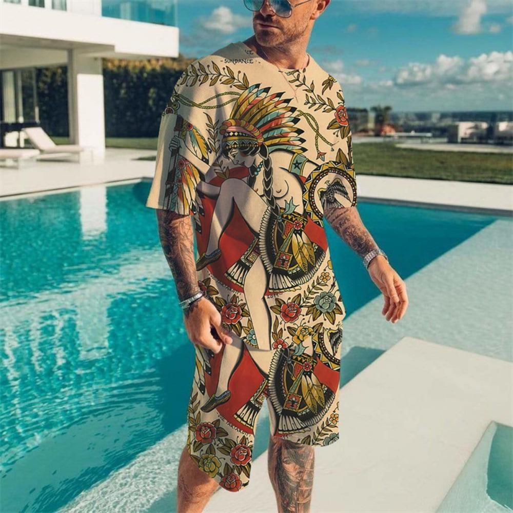 Vintage Wave Print T-shirt Set Summer Men's Beach Breathable Short Sleeve 2 Piece Set Men's Fashion Tops Set Men's Clothing