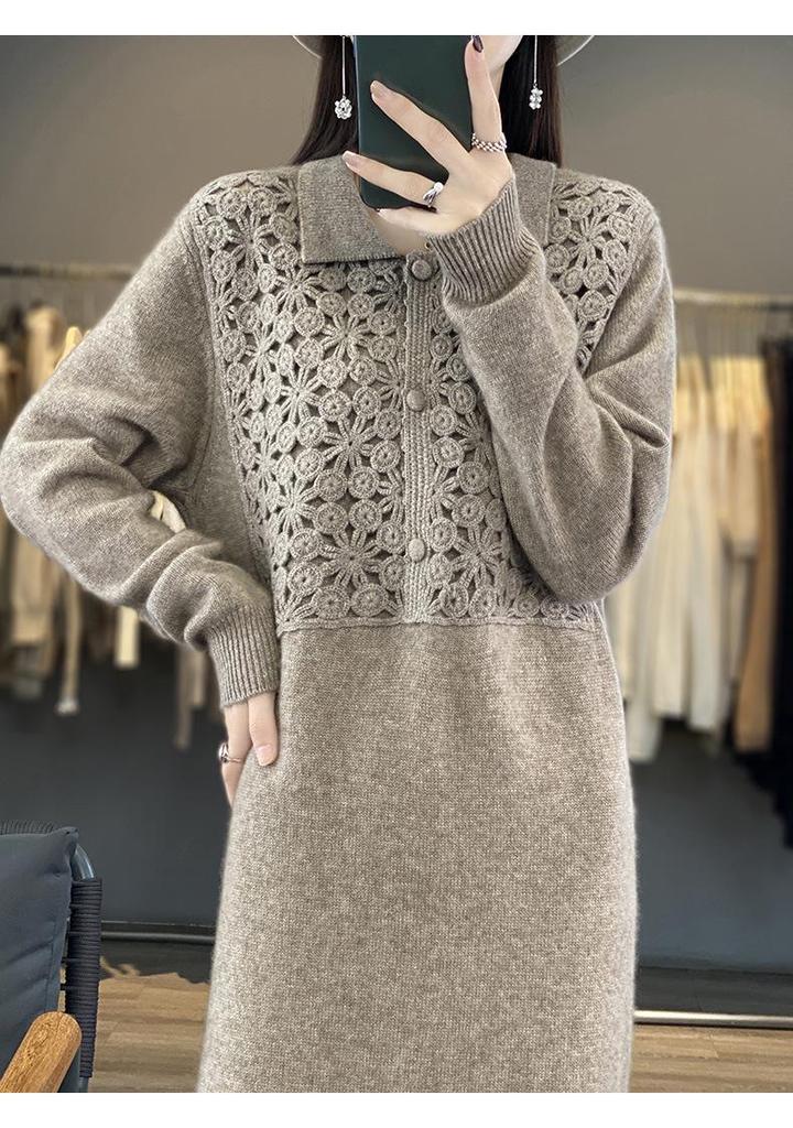 Floral Patchwork Crochet Shirt Collar Australian Wool Retro Long Skirt for Women - 2026 New Style.