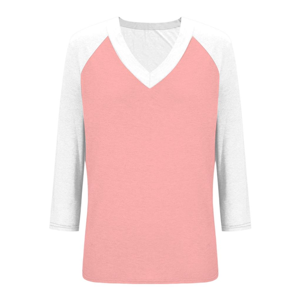 Women's Casual And Fashionable Patchwork V-Neck Top With Seven Quarter Sleeves Top