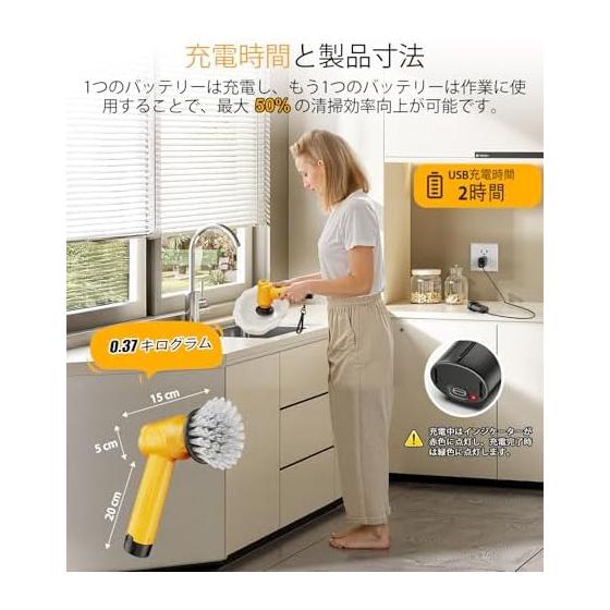 Qimedo Handy Electric Bath Cleaning Brush 5000mAh Large Capacity Battery (removable, Spare Battery Included) Cordless Rotating Cleaner with 3 Power