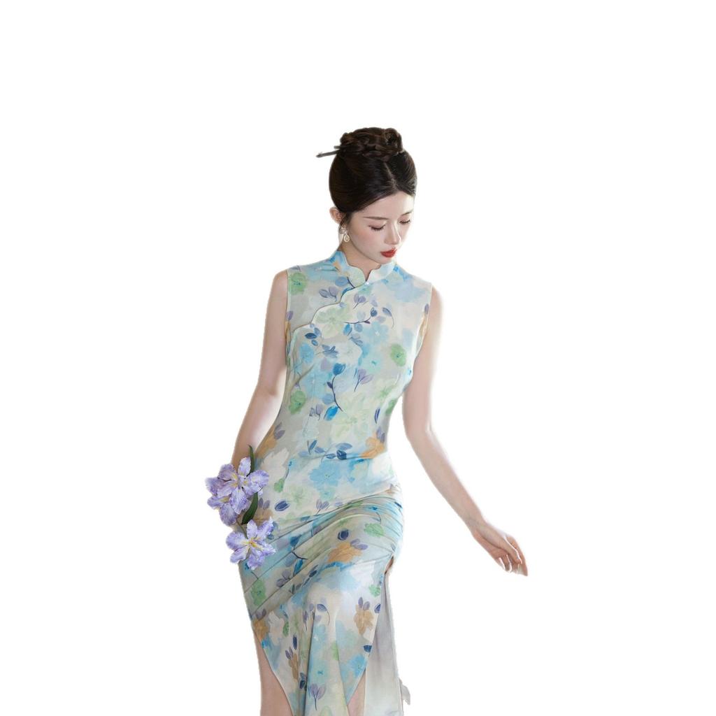 Retro Style Floral Improved Cheongsam Women's 1011 New Chinese Waist Young Long Cheongsam Dress Can Be Worn Daily