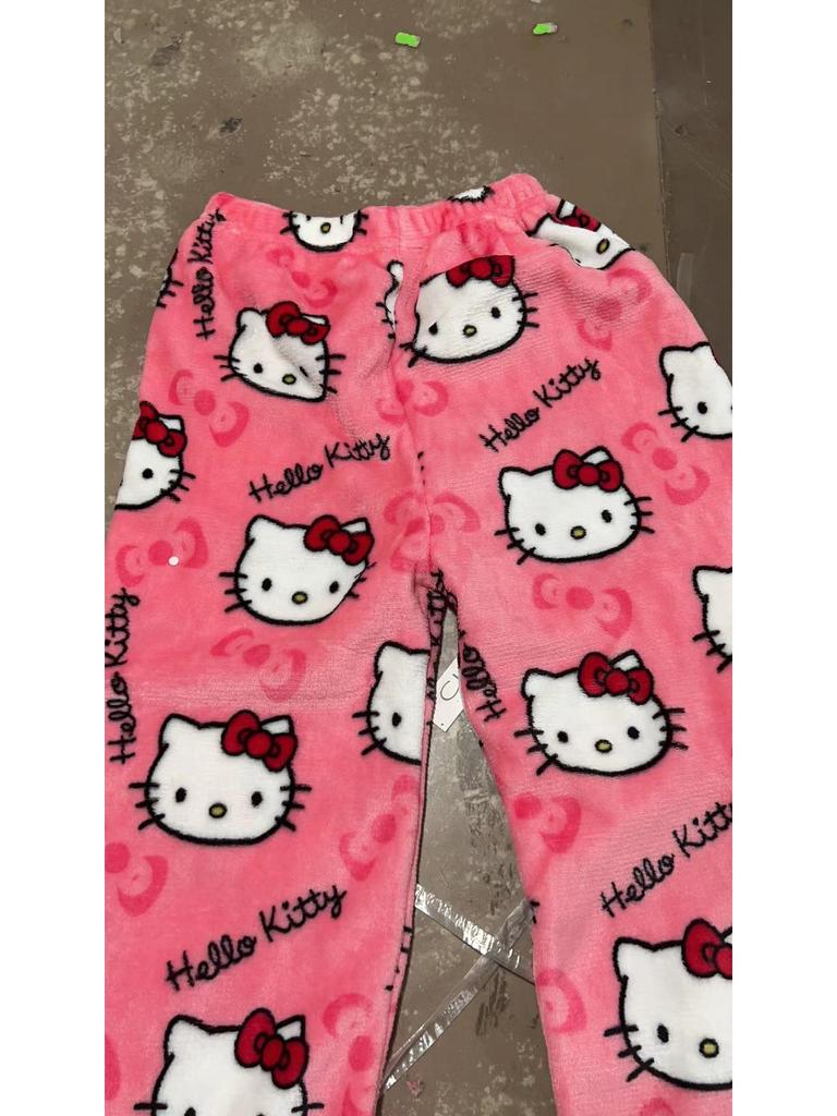 Women's Winter KT Cat Cartoon Flannel Sleep Pants - Thick, Warm, and Cozy for Home