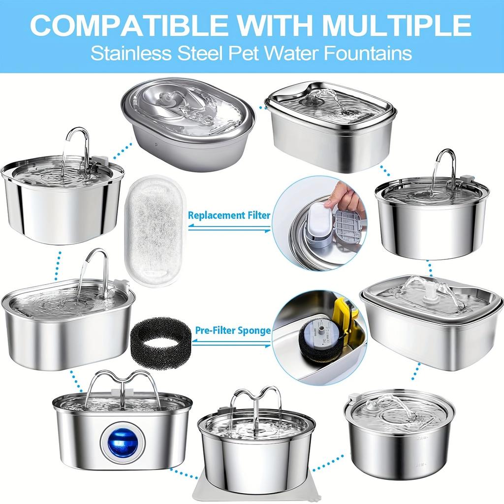 KEMORELA 12/15 Stück Katzenbrunnen Filterelement für Edelstahl Katzenbrunnen Aktivkohle Schwämme Filter