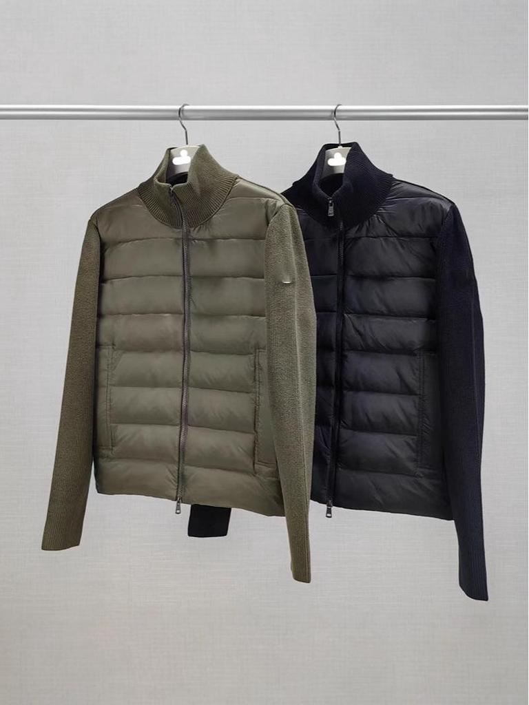 In Stock: 2025 A/W Unisex Patchwork Knit Down Jacket - Slim Fit, Stand Collar, Lightweight, Fashionable Outerwear