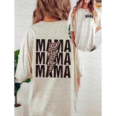 Damen Kurzarm Freizeit-T-Shirt mit Buchstaben- und Blitzdruck MAMA MAMA MAMA Grafik Gepardenmuster T-Shirts Damen Tops