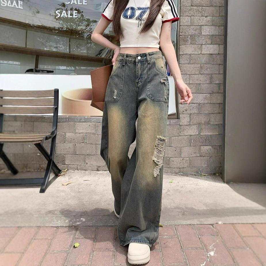 Design Sense Hole-breaking Jeans Women's Niche Straight High-waisted Vintage Dragging Floor Wide-legged Trousers Jeans for Women Long Denim Pants