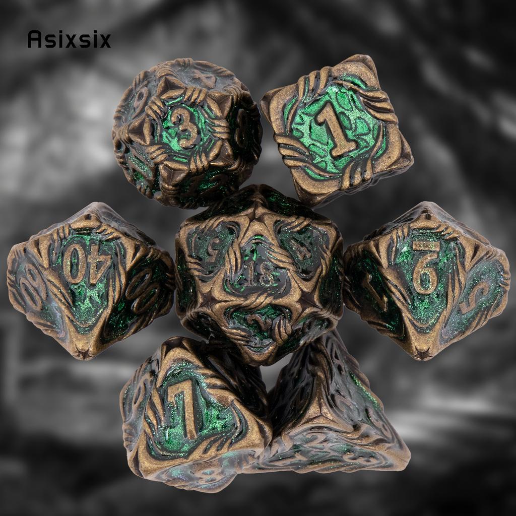 7 Pcs Yellow Green Tree Vine Metal Dice Solid Metal Polyhedral Dice Set Suitable for Role-Playing RPG Board Game Dice RPG