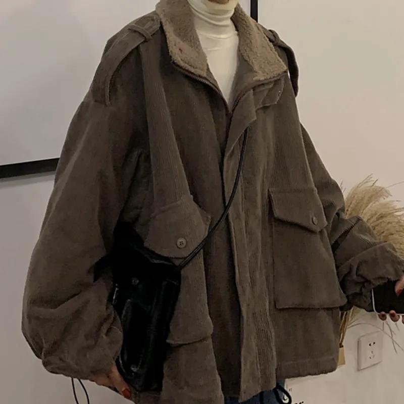 Women Winter Warm Patchwork Corduroy Vintage Thick Loose Parkas Female Outwear Pocket
