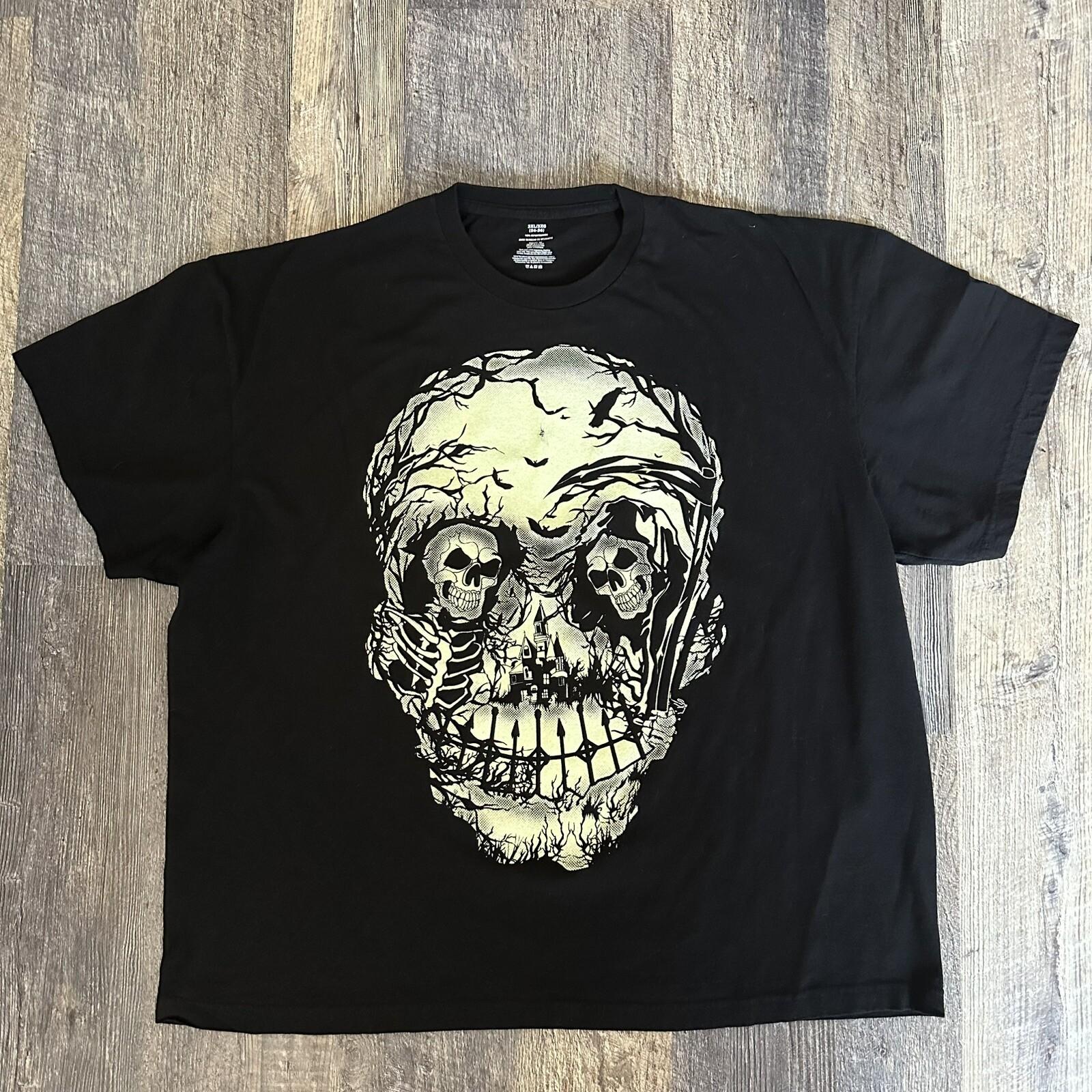 Glow In The Dark Halloween Skull Tshirt Tee Haunted House Skeletons Black 3XL S