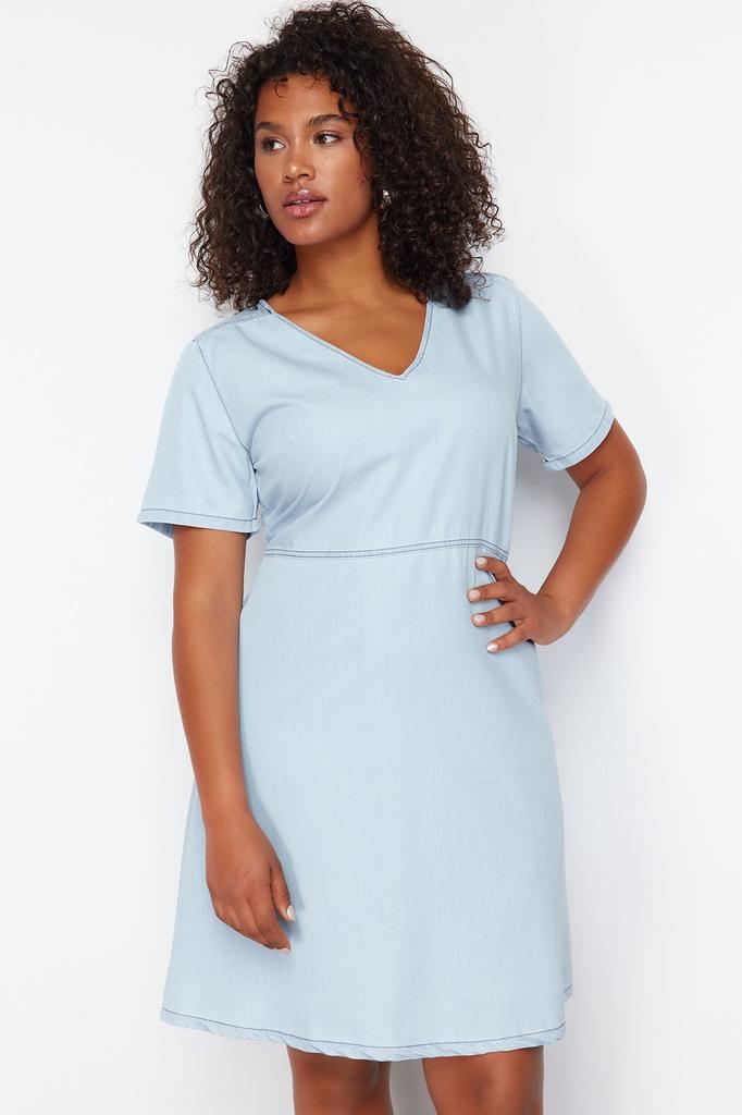 Women's Style Plus Size Light Blue V-Neck Tencel Mini Denim Dress