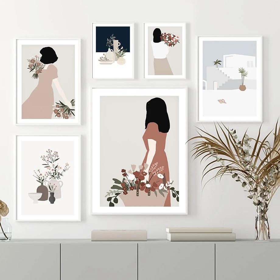 Flower Lady Bouquet Botanical Cactus Boho Posters and Prints Canvas Painting Nordic Wall Art Pictures for Living Room Decor