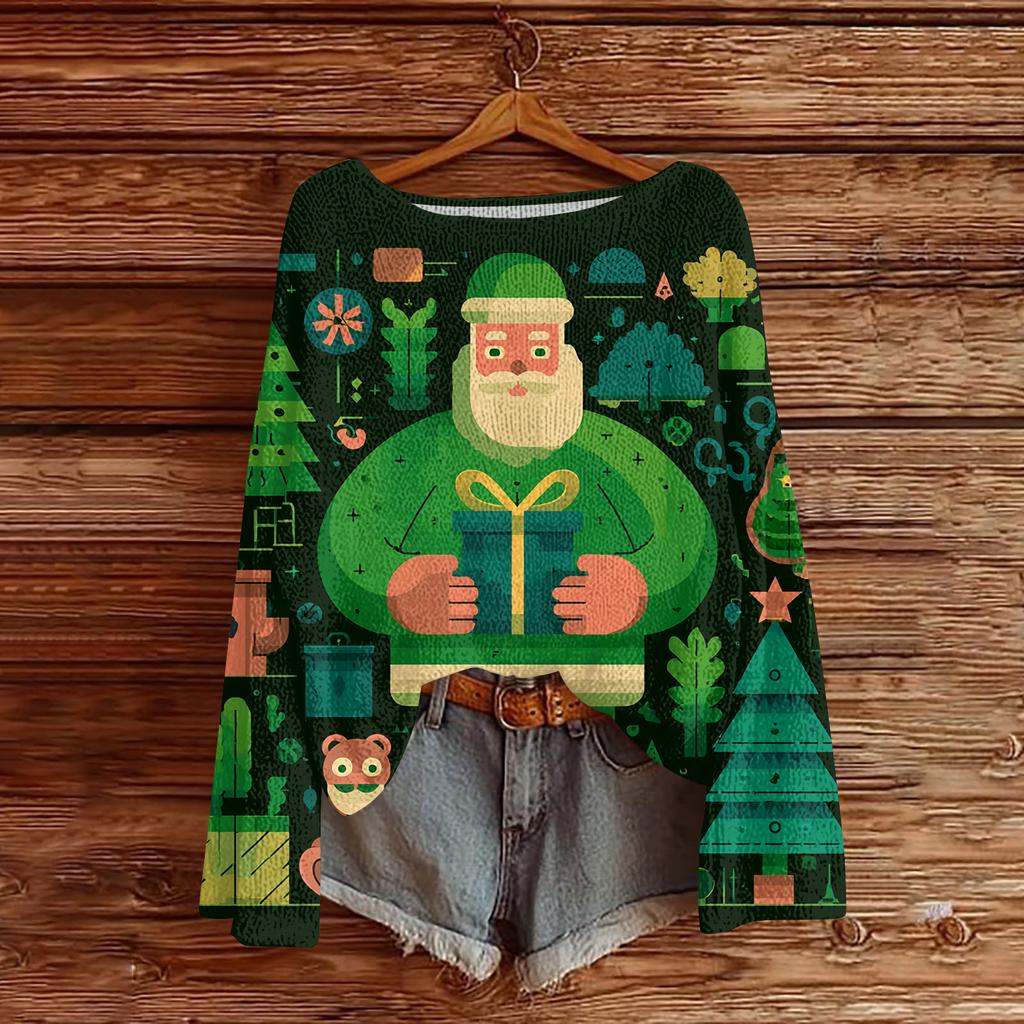 Women's Casual Fashion Round Neck Top Christmas Print Long Sleeve Knit Pullover