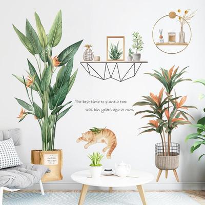 Nordic Style Green Leaf Pot Wall Stickers Living Room Bedroom Kids Rooms Wall Decor Cute Cat Wall Decals Vinyl PVC Home Decor