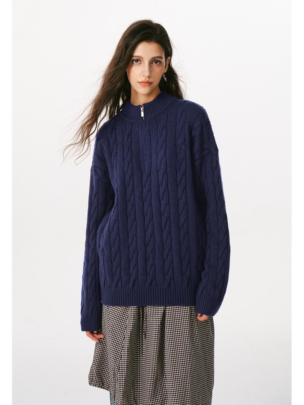 

Harajuku Minimalist Half-Zip Cable Knit Sweater XL темно-синього кольору