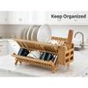 Dish Drying Rack 2-Tier Bamboo Dish Rack for Kitchen Counter Wooden Dish Drainer with Foldable Space-for Dishes, Plates