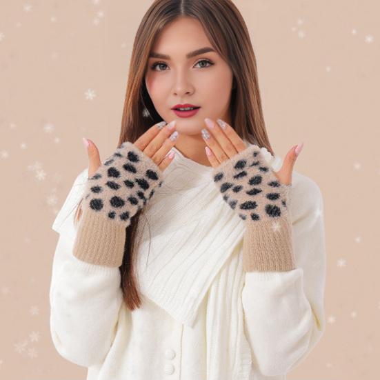 Leopard Print Fingerless Gloves Women Fuzzy Warm Mittens with Thumb Hole Winter Fluffy Gloves for Girls Typing Writing Texting