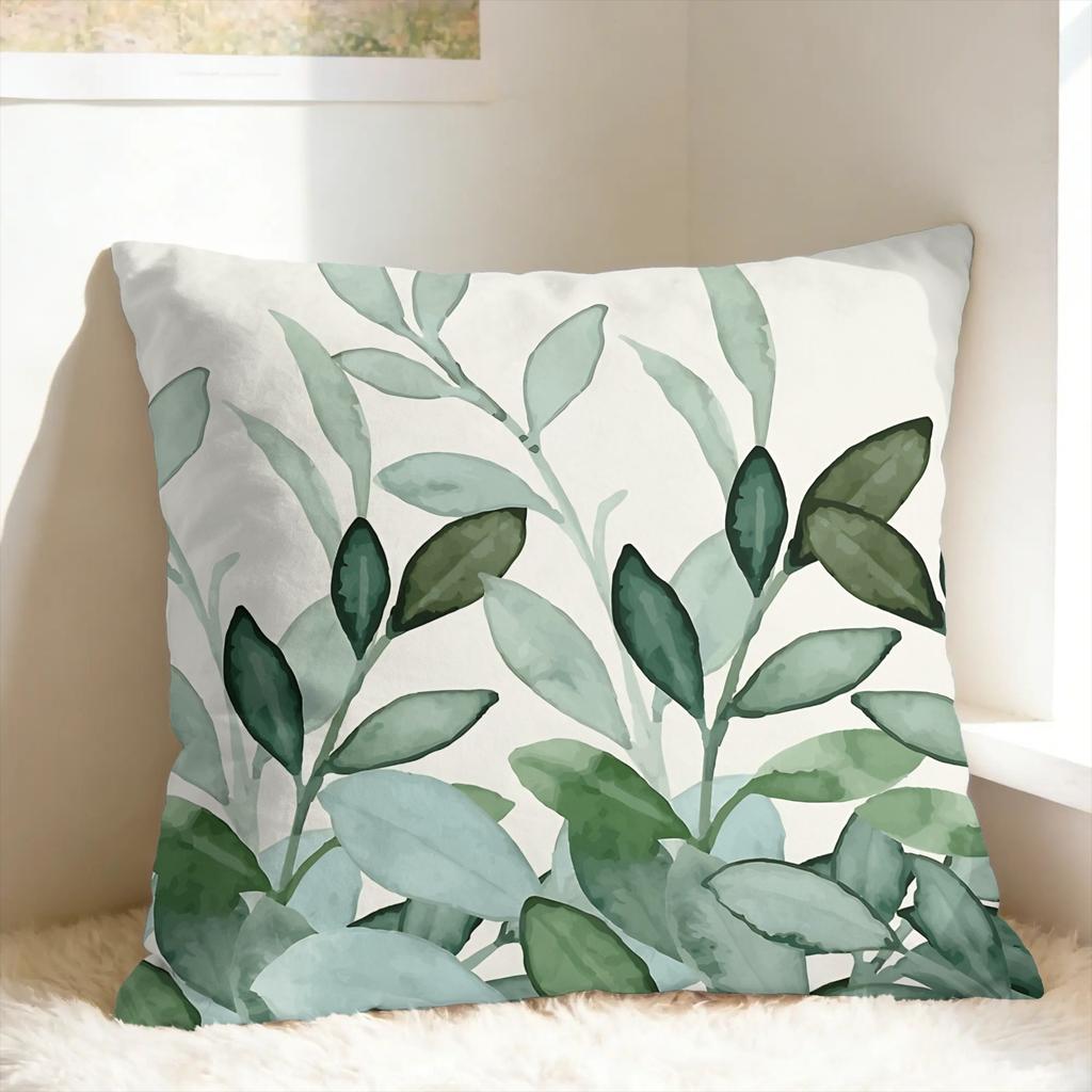 Green Watercolor Plants Pillow Case  Kawaii Pillow Cover Soft Pillowcases For Office Car Home Decor