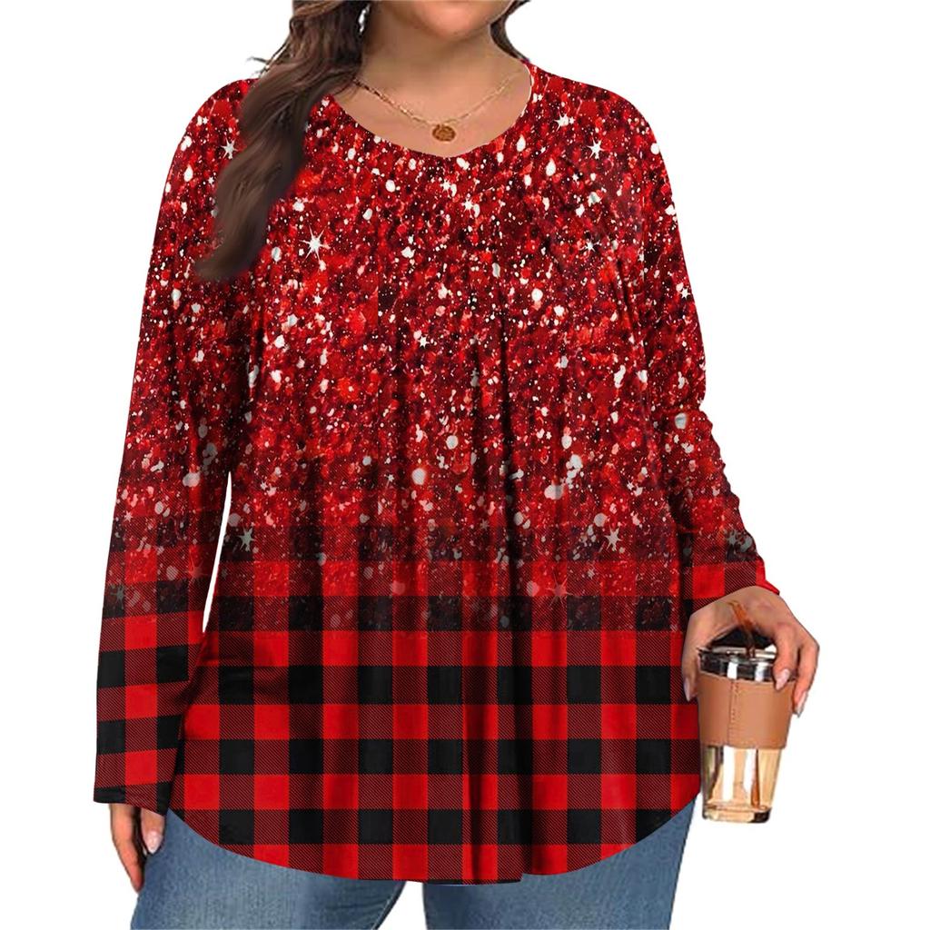 Women's Plus Size Fashion  Printed Casual Pleated Round Neck Long Sleeve Top