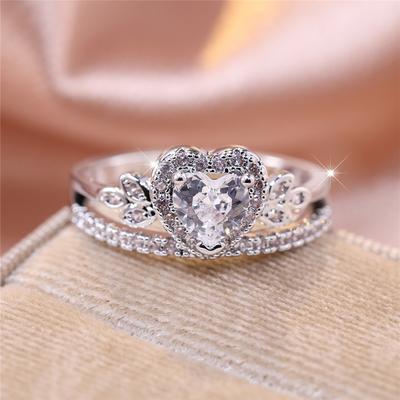 Luxury Female White Heart Tree Leaf Round Zircon Stone Ring Silver Color Dainty Gift Party Wedding Jewelry For Women