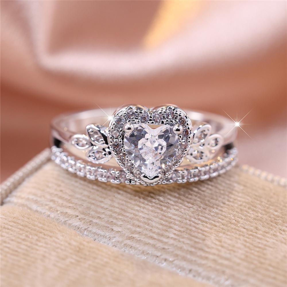 Luxury Female White Heart Tree Leaf Round Zircon Stone Ring Silver Color Dainty Gift Party Wedding Jewelry For Women