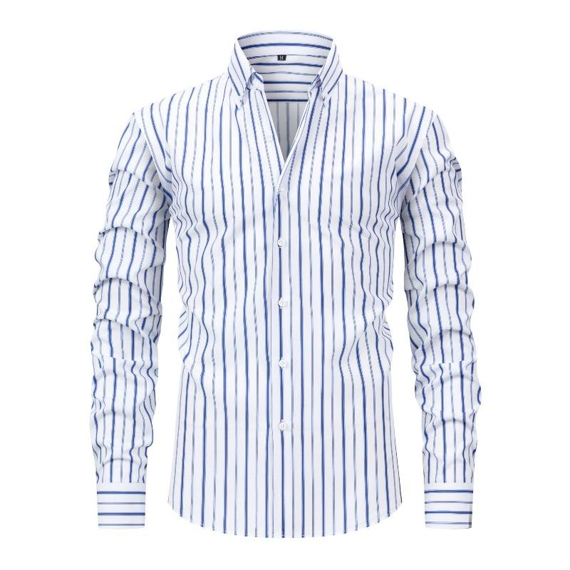 Men's High-Grade 4-Way Stretch Digital Print Striped Long Sleeve Shirt, Turn-down Collar Men Shirt Wholesale