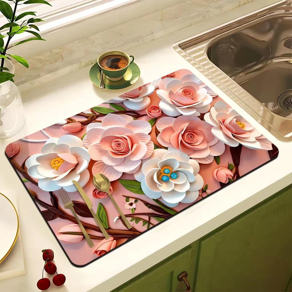 Oil Painting Style Floral Water-Absorbent, Stain-Resistant Kitchen Mat – Heat Insulation, Wear-Resistant, Easy-Clean Draining Mat