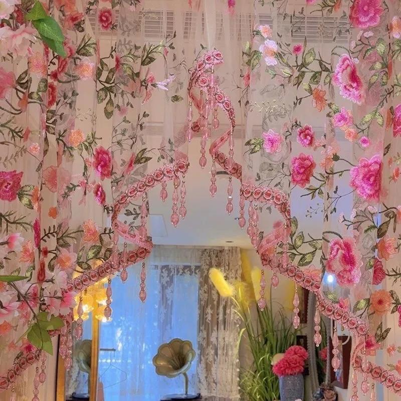 Вышитый Кружевной Занавес с Сельскими Цветами для Окна Кухни Роскошный Винтажный Тюль с Бисерным Декором Треугольный Маленький Занавес в Стиле Кантри 60-110cm