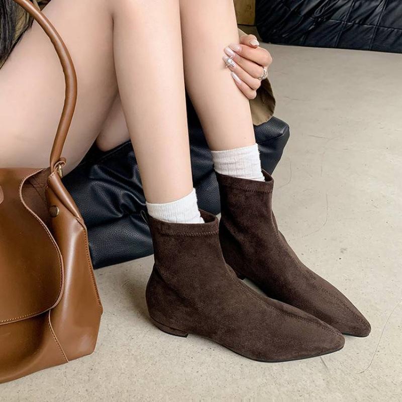 Autumn and winter elastic cashmere large size women's boots solid color non-slip beef tendon sole sleeve wedge heel new leather high boots
