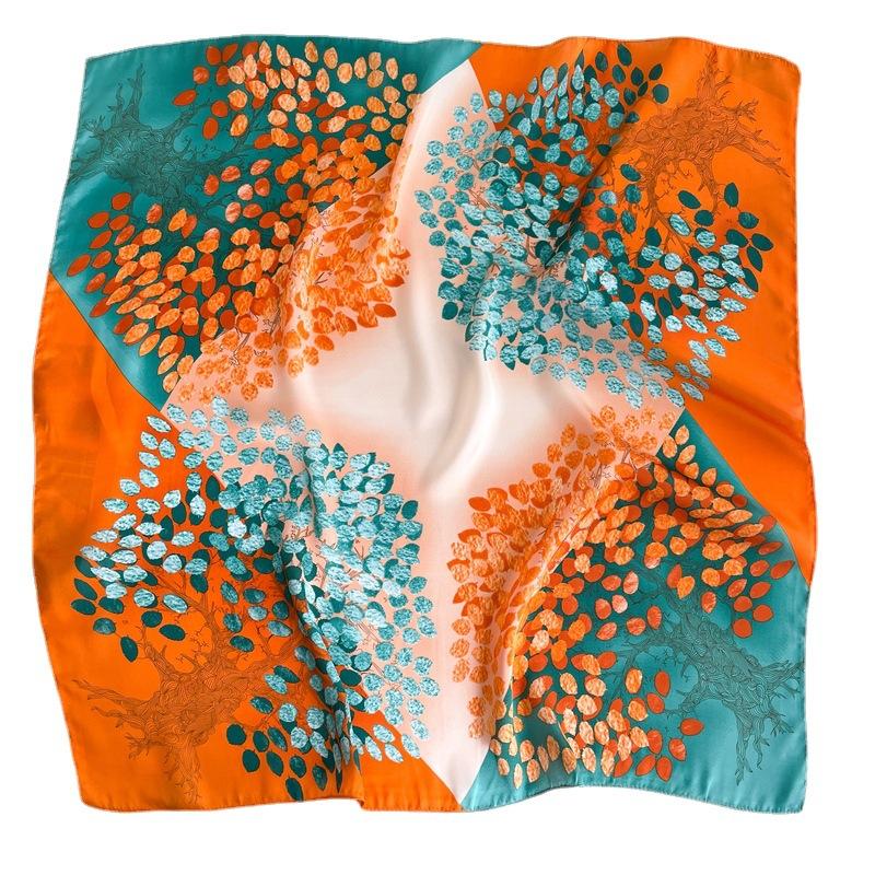 Poetic Autumn Leaf Scarf Orange Green Color Blocked Simulated Silk 70cm Square Draped Shawl Tied Hair