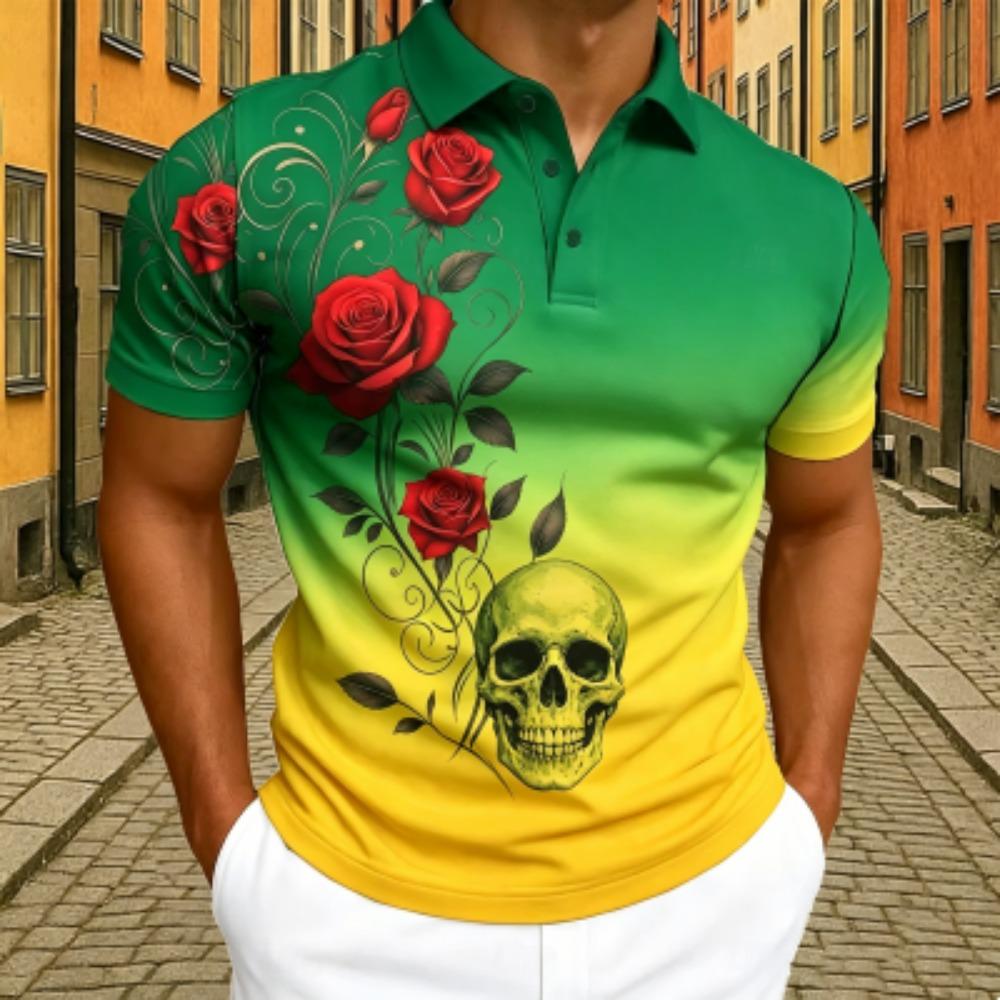 Men's Red Rose Floral Skull Print Polo Shirt Men's Outdoor Street Short Sleeve Tees Top Summer Home Casual T-shirt Men's and Women's Polo Shirt